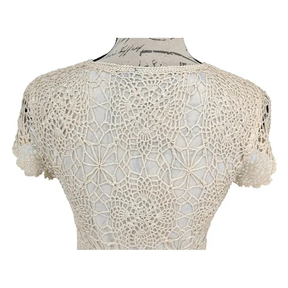 Y2K Formal Fairy Core Tunic/Dress Sm Goldish Cream Crochet Overlay Victorian - Picture 9 of 12